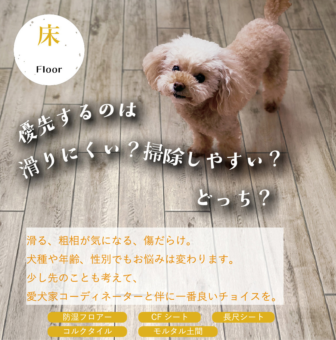 床｜優先するのは滑りにくい？掃除しやすい？どっち？滑る、粗相が気になる、傷だらけ。犬種や年齢、性別などでもお悩みは変わります。少し先のことも考えて、愛犬家コーディネーターと伴に一番良いチョイスを。｜防湿フロアー・CFシート・長尺シート・コルクタイル・モルタル土間